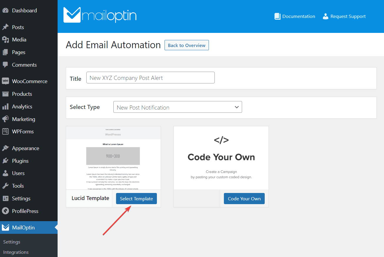selecting lucid template option in mailoptin
