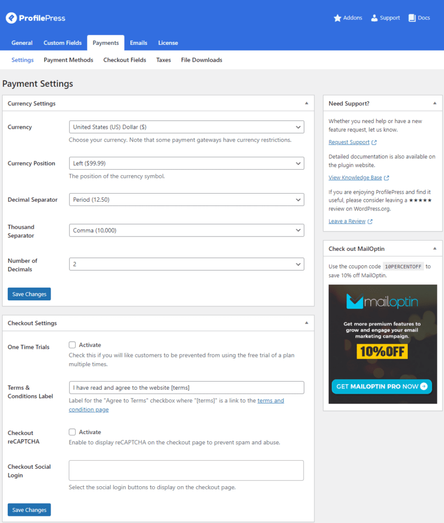WordPress paid membership site payment settings